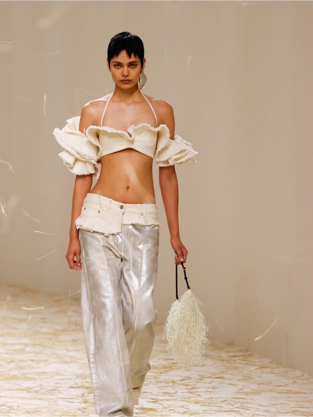 Jacquemus Silver Metallic Wide-Leg Trousers with Cream Waistband